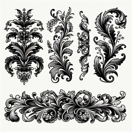 Vintage baroque ornament. Black and white vector set.の素材