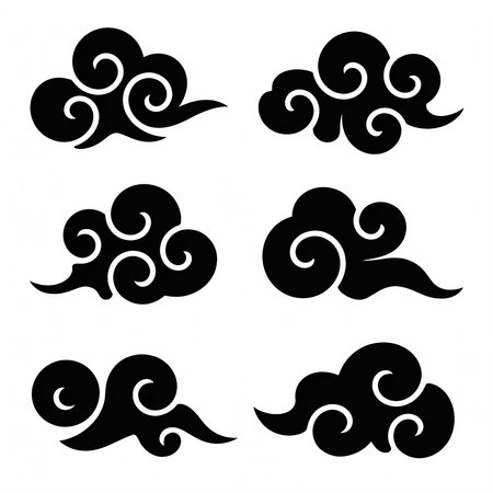 Vector set of decorative clouds in the form of curls isolated on white backgroundの素材