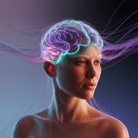 Portrait of a beautiful woman with glowing brain on a dark backgroundの素材