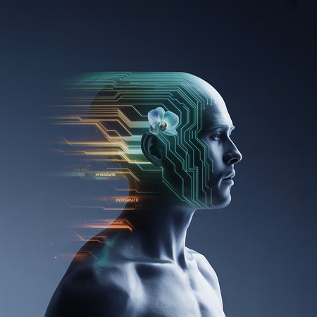 double exposure of young man with circuit brain on dark background, artificial intelligence conceptの素材