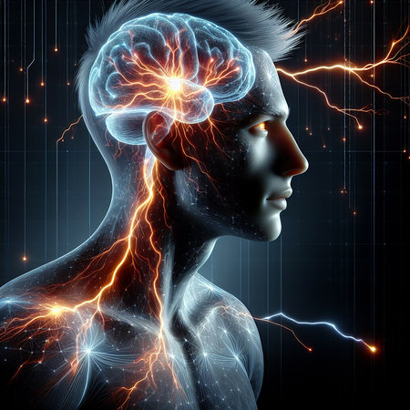 3d illustration of human head with brain and lightning in the backgroundの素材