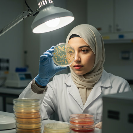 portrait of muslim female scientist with petri dish in laboratoryの素材