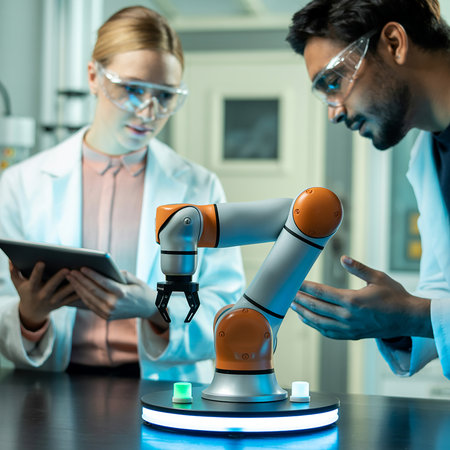 selective focus of scientists working with robotic arm and digital tablet in laboratoryの素材