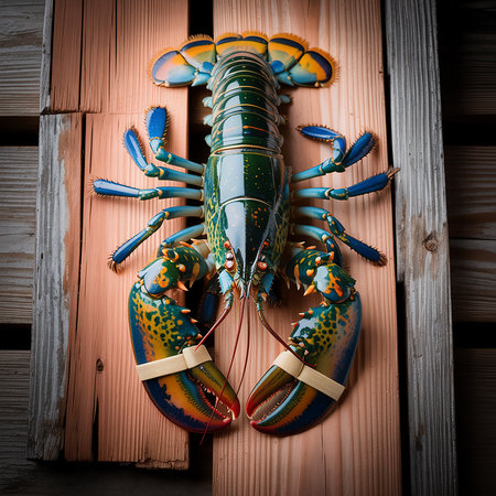 A striking blue lobster, freshly caught, with its claws secured by bands, lies centered on weathered wooden boards, highlighting its vivid colors and readiness for culinary preparation.の素材