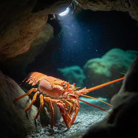 A vibrant orange spiny lobster rests on the sandy bottom of a dark underwater cave, illuminated by a single beam of light from above, highlighting its intricate details.の素材