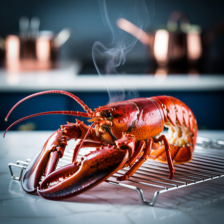 A vibrant red, freshly cooked lobster sits on a metal cooling rack, with steam gently rising from its shell, indicating its warmth and readiness to be enjoyed as a delicious meal.の素材