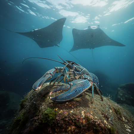 A vibrant blue lobster rests on a rocky seabed, while two elegant manta rays glide through the sunlit water above, showcasing diverse marine life.の素材