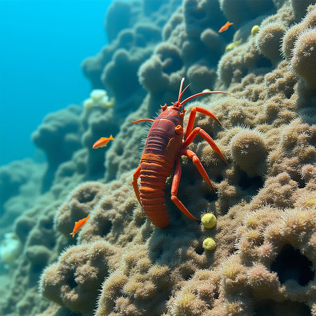 A striking red lobster navigates a textured coral reef, surrounded by the clear blue ocean and small, bright orange fish, showcasing diverse marine life.の素材