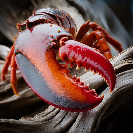 Close up view of a colorful crab claw with striking red and orange hues, highlighting its textured surface against a natural wooden background.の素材