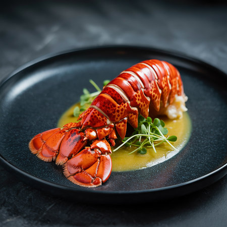 A perfectly cooked lobster tail, vibrant red and succulent, presented elegantly on a dark plate with a light sauce and fresh microgreens, highlighting fine dining.の素材