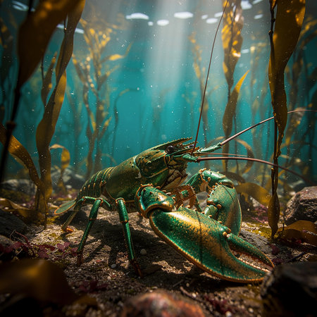 A majestic green lobster rests on the ocean floor, bathed in ethereal light filtering through a dense kelp forest, showcasing the beauty of marine life.の素材