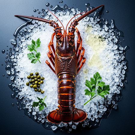 A vibrant red lobster, perfectly centered on a bed of crushed ice, garnished with fresh parsley and green peppercorns, ready for culinary preparation.の素材