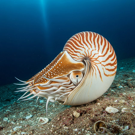 A beautiful nautilus shell rests on the sandy ocean floor, illuminated by sun rays filtering through the clear blue water, showcasing its intricate patterns and the serene underwater environment.の素材