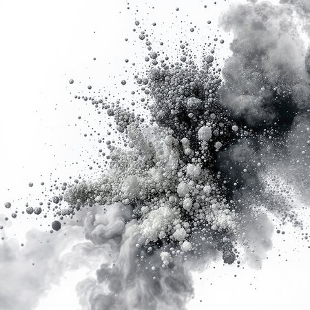 A dramatic explosion of particles and smoke creates a dynamic burst against a clean white background, showcasing chaotic energy and abstract beauty.の素材