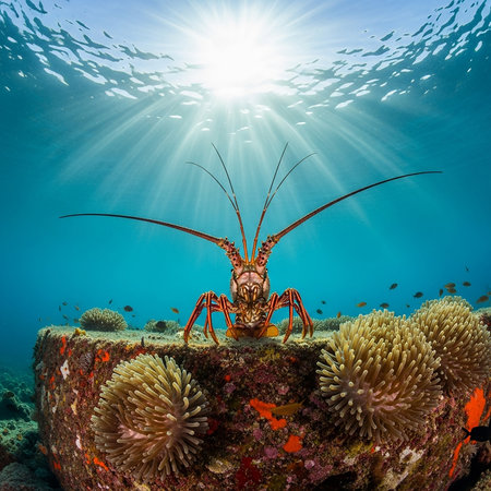 A vibrant spiny lobster stands prominently on a coral-encrusted structure, bathed in the radiant sun rays filtering through the clear blue ocean water.の素材