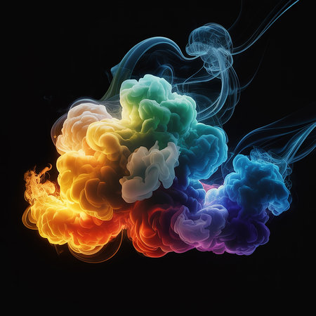A vibrant cloud of colorful smoke against a black backdrop, creating an abstract and visually striking image with a sense of movement and depth.の素材