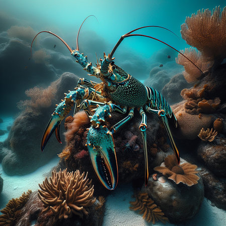 A detailed close-up of a colorful spiny lobster with long antennae and intricate patterns, resting on a vibrant coral reef amidst clear blue underwater scenery.の素材