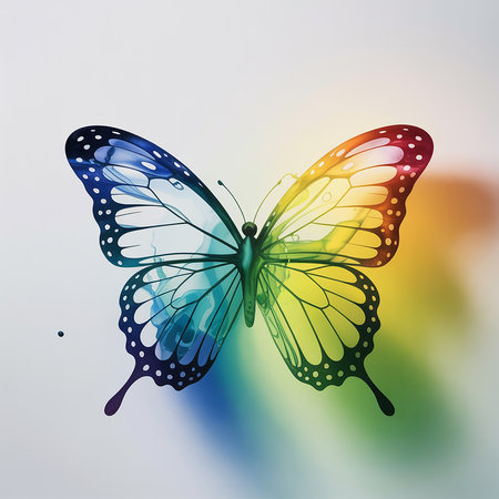 A vibrant watercolor painting of a butterfly with wings transitioning from cool blues to warm yellows, symbolizing transformation, beauty, and the spectrum of life.の素材