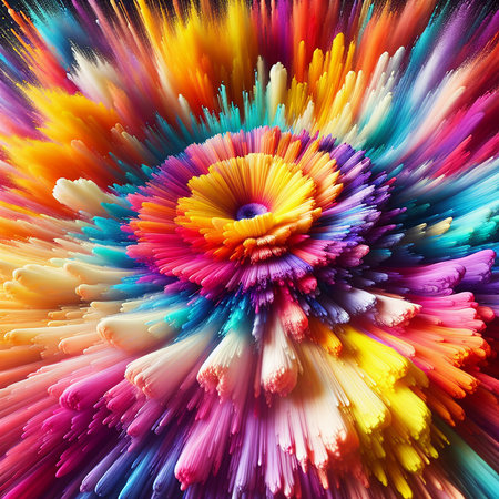 A mesmerizing abstract image featuring a central floral shape exploding with a vibrant array of colors, creating a dynamic and captivating visual experience.の素材