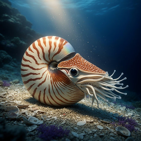 A beautiful nautilus swimming in the deep blue ocean, with sun rays filtering through the water, highlighting its intricate shell patterns.の素材