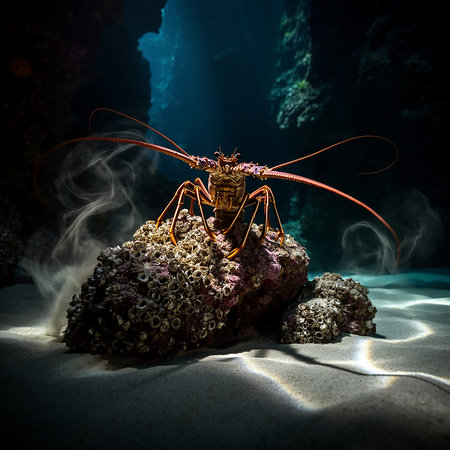 A vibrant spiny lobster stands prominently on a coral rock formation within a dimly lit underwater cave, illuminated by ethereal sunbeams and surrounded by a mysterious haze.の素材