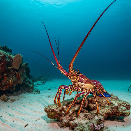 A colorful spiny lobster stands prominently on a coral formation on the sandy seabed, with clear blue ocean water in the background, showcasing the beauty of marine biodiversity.の素材