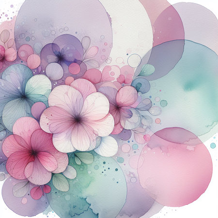 A delicate watercolor painting featuring a cluster of flowers in soft pastel shades, creating a dreamy and ethereal aesthetic with overlapping circles and gentle color washes.の素材