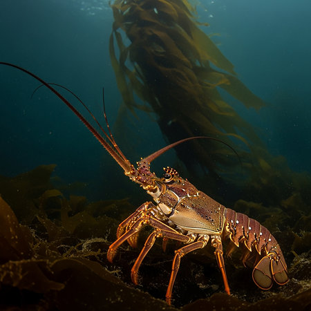 A vibrant spiny lobster with long antennae explores the rocky seabed, with a blurred kelp forest swaying gracefully in the background, creating a serene underwater scene.の素材