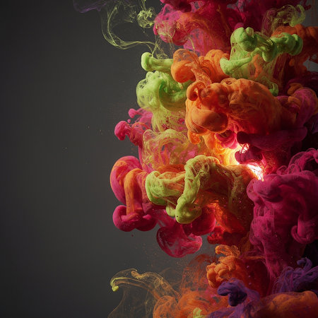 A dynamic and colorful explosion of ink swirling in water, creating abstract shapes and patterns against a dark, moody backdrop.の素材