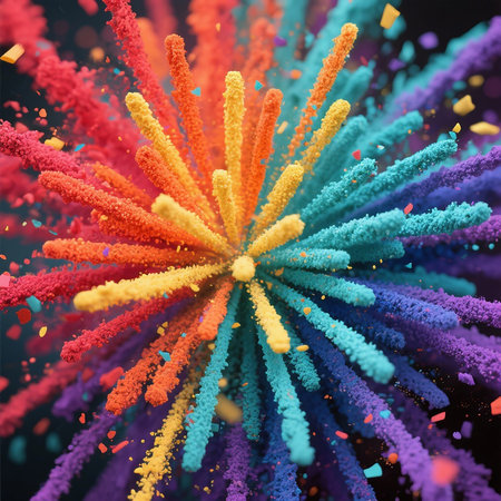 A dynamic explosion of colorful powder paint, creating a stunning visual effect with particles scattering outwards.の素材