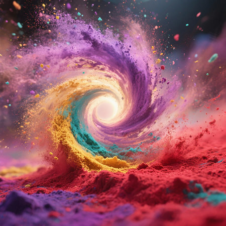 A mesmerizing swirl of colorful Holi powder creates a galaxy-like explosion, evoking a sense of cosmic energy and celebration.の素材