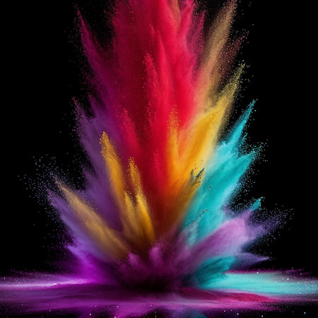 A dynamic burst of colorful powder, resembling the spirit of Holi festival, captured against a stark black backdrop.の素材