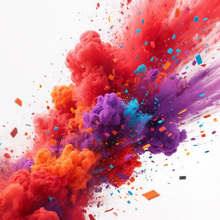 A dynamic and energetic burst of red, orange, purple, and blue powder, mixed with scattered confetti, creating a festive and celebratory atmosphere.の素材