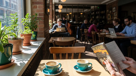 People enjoying coffee in a warm and inviting cafe settingの素材