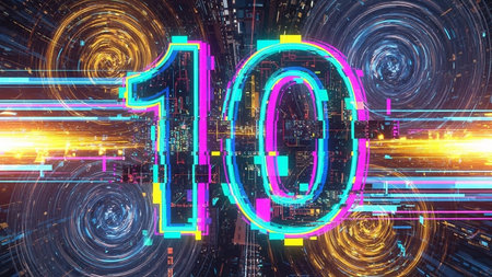 Vibrant neon number ten on a dark background with swirling patterns and bright lightsの素材