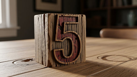 Wooden block with number 5 on a wooden surface in a dimly lit roomの素材