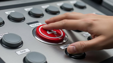 Close-up of hand pressing red button on control panel with multiple buttonsの素材