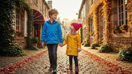 A woman and young girl holding hands on a cobblestone streetの素材
