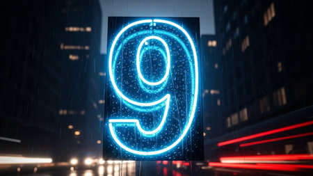 Glowing neon number nine in cityscape at nightの素材