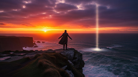 Silhouette of a person on a rocky cliff overlooking the ocean at sunset with a beam of lightの素材