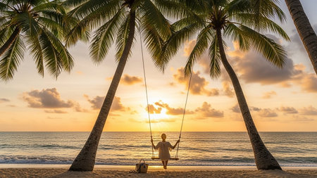 Serene beach scene with woman on swing between palm trees at sunsetの素材