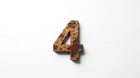 A rusty metal number four on a white background, symbolizing count or quantity.の素材