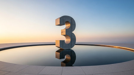 3D rendered silver number three on a calm water surface at sunriseの素材