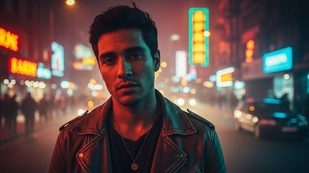 Portrait of a young man in a leather jacket standing in a city street at night with neon lightsの素材