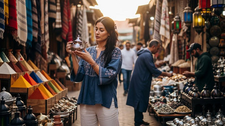 Young woman browsing jewelry at outdoor market stallの素材