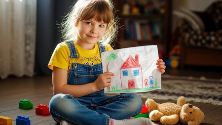 Little girl sitting on floor drawing house surrounded by toysの素材