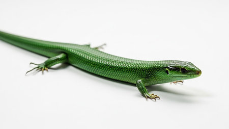 A close-up shot of a bright green lizard, showcasing its smooth scales and delicate features against a clean white background, highlighting its natural beauty.の素材