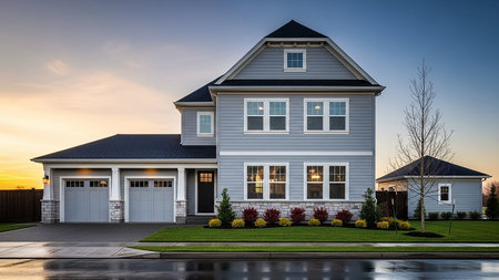 A beautiful two-story house with a gray exterior, attached garage, and well-maintained lawn. The house is set against a backdrop of a colorful sunset.の素材