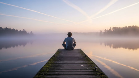 A person sits on a wooden dock, facing a calm lake at dawn, with a misty atmosphere and trees in the background.の素材