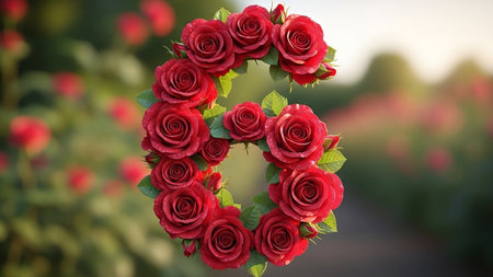 Beautiful red roses arranged in a heart shape against a blurred garden backgroundの素材